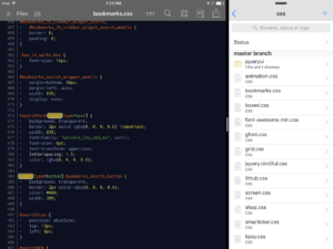 Textastic in the main view with Working Copy in the split view.
